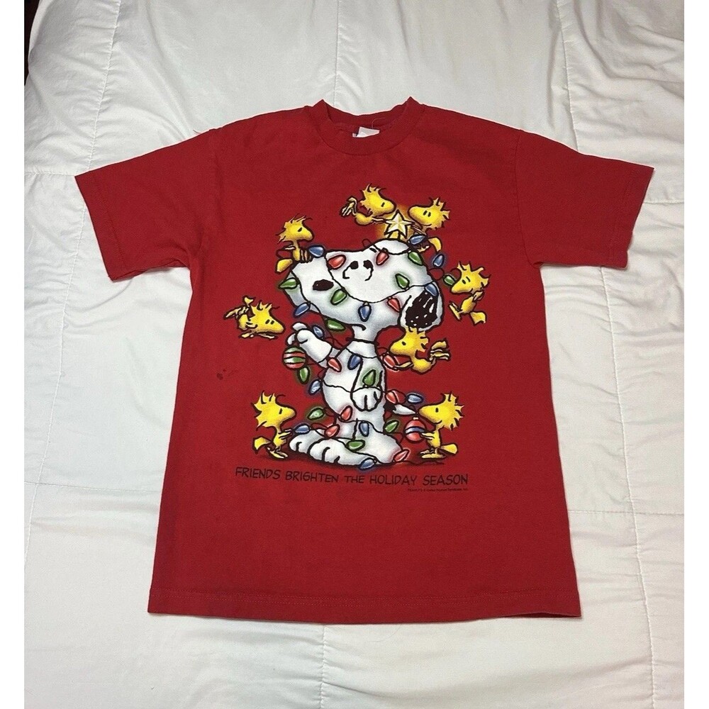 VTG Y2K Snoopy Peanuts Christmas Lights Holiday Woodstock Mens Sz S Red T-Shirt